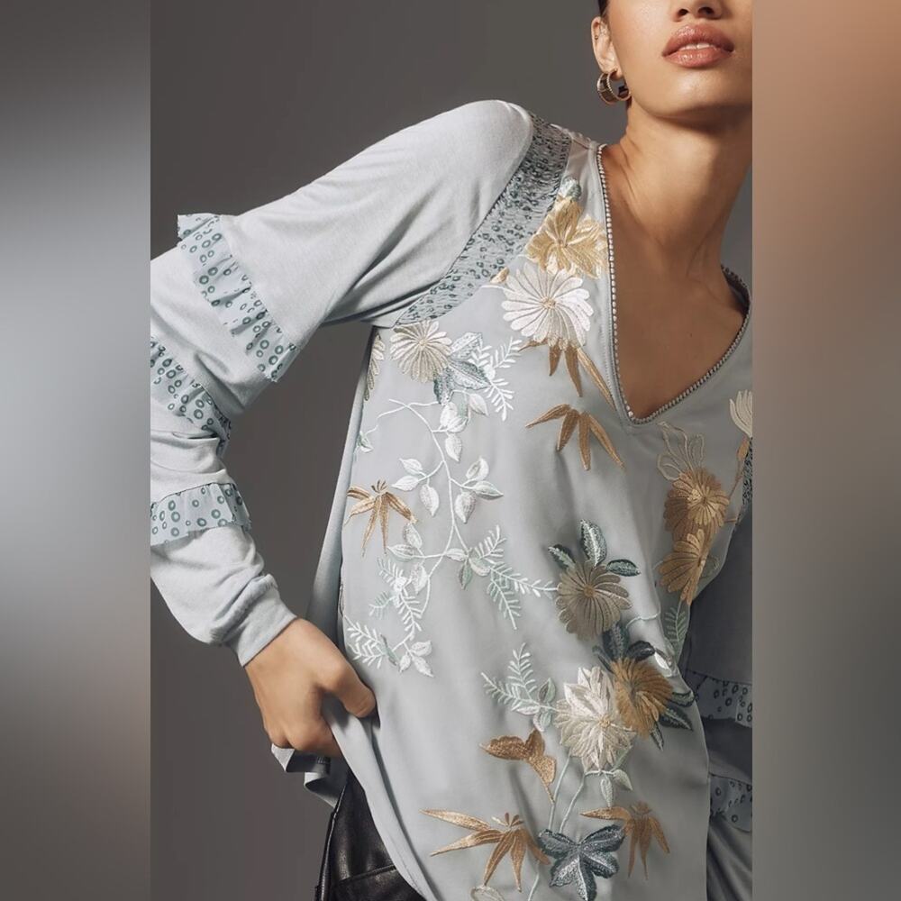 New Tiny by Anthropologie Frances Long Sleeve Ruffled Embroidered Top Small